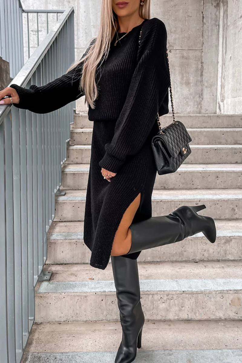 Camille | Elegant simple plain long sleeve dresses with slit and O-neck