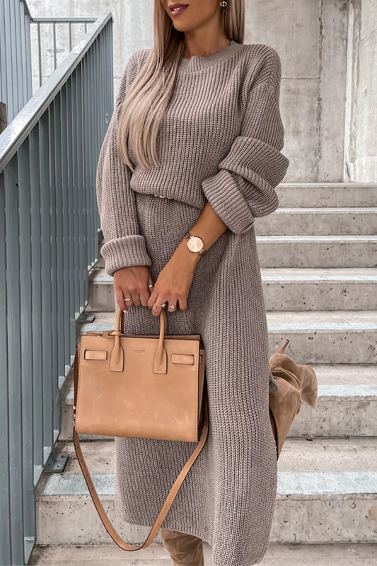 Camille | Elegant simple plain long sleeve dresses with slit and O-neck
