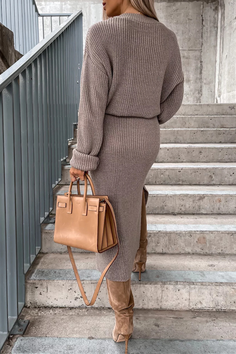 Camille | Elegant simple plain long sleeve dresses with slit and O-neck