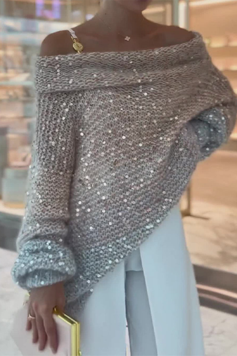 Cecilia | Casual Solid Color Sequin Off Shoulder Sweaters