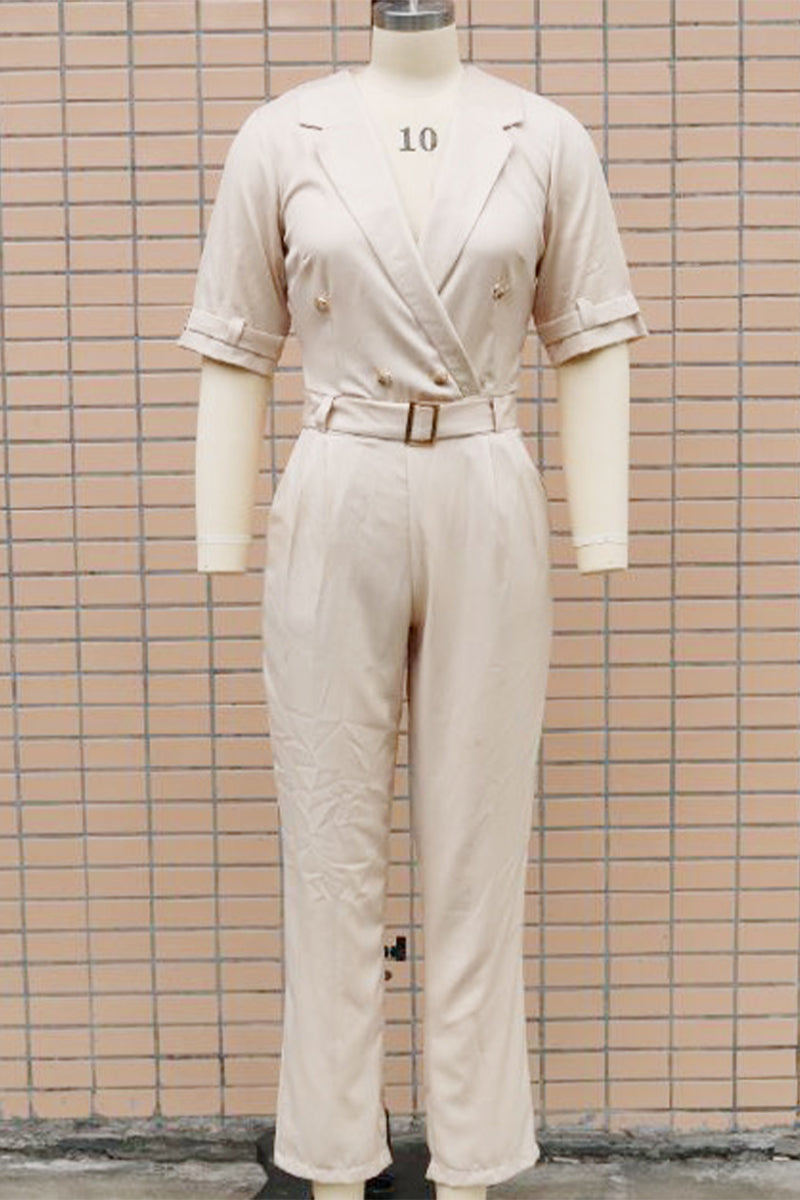 Linda | Casual solid color street overalls with patchwork buttons and reversible collar
