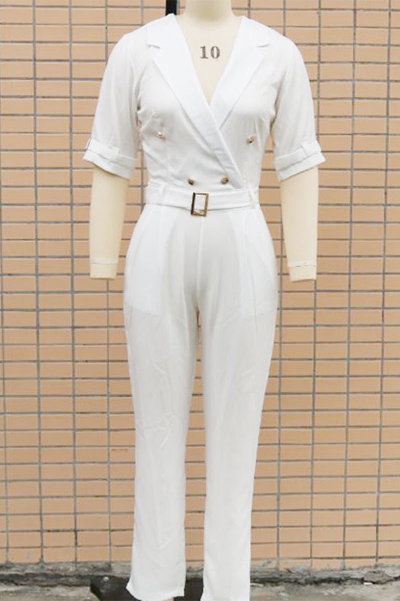 Linda | Casual solid color street overalls with patchwork buttons and reversible collar