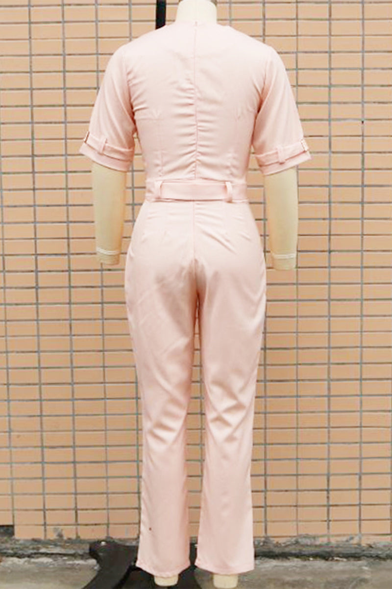 Linda | Casual solid color street overalls with patchwork buttons and reversible collar