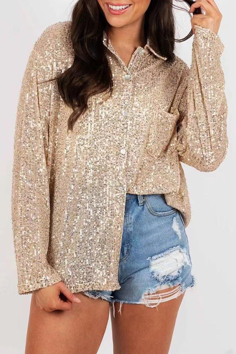 Luciana® | Elegant Long-Sleeved Polo Blouse With Buttons And Sequins