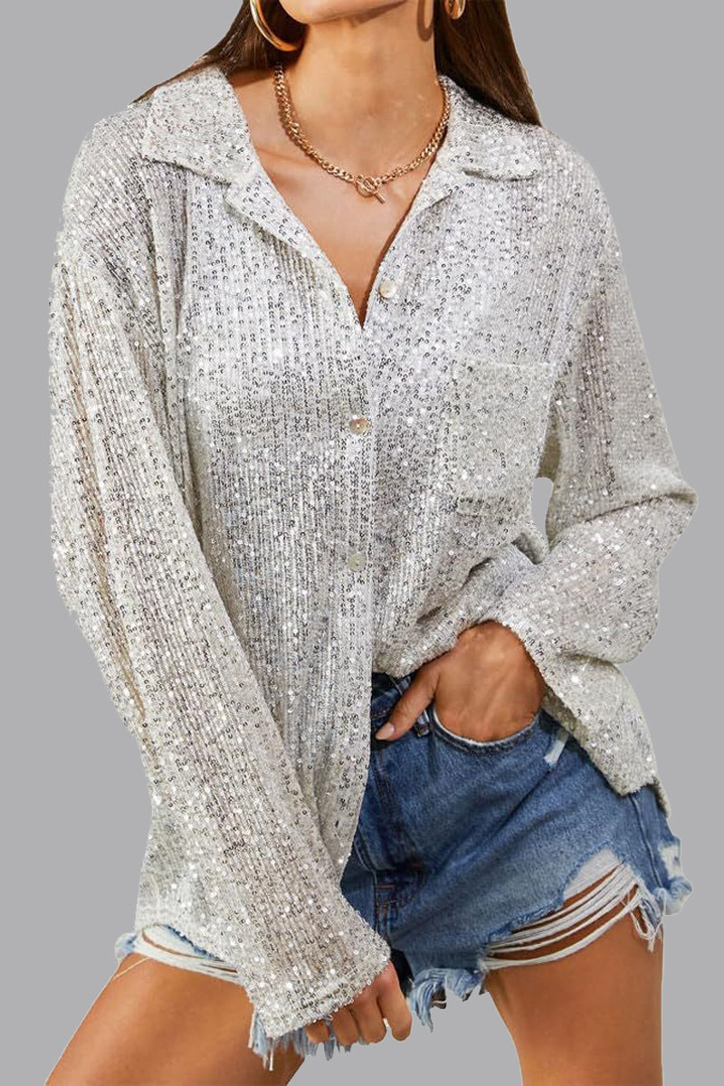 Luciana® | Elegant Long-Sleeved Polo Blouse With Buttons And Sequins