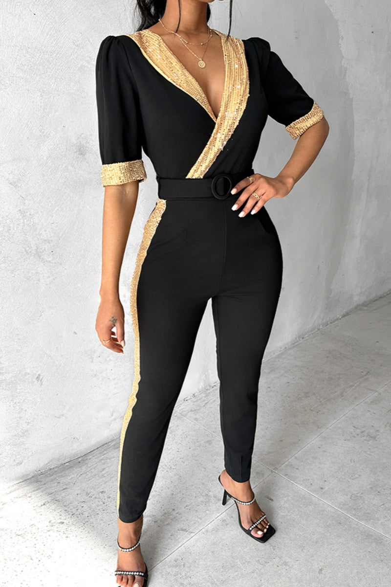 Adela | Casual slim jumpsuits with patchwork sequins and V-neck