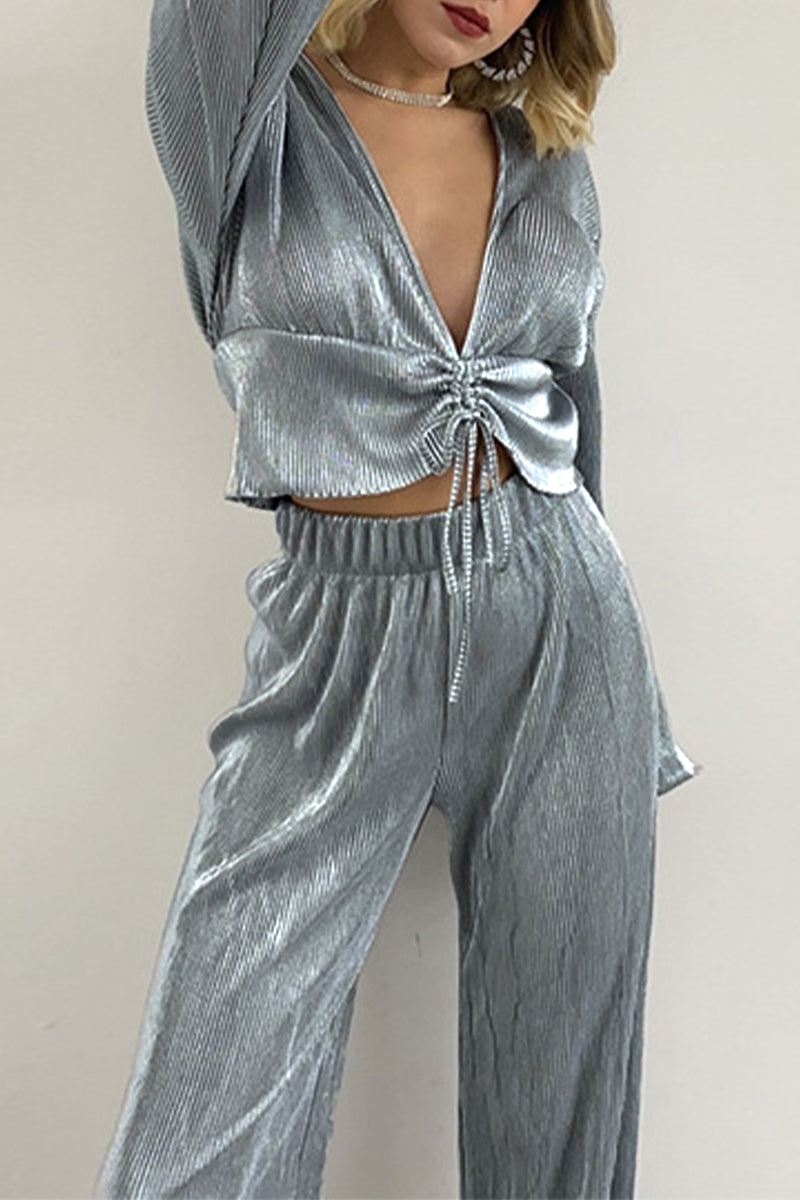 Adriana | Casual two-piece suit with fixed drawstring and V-neck and long sleeves
