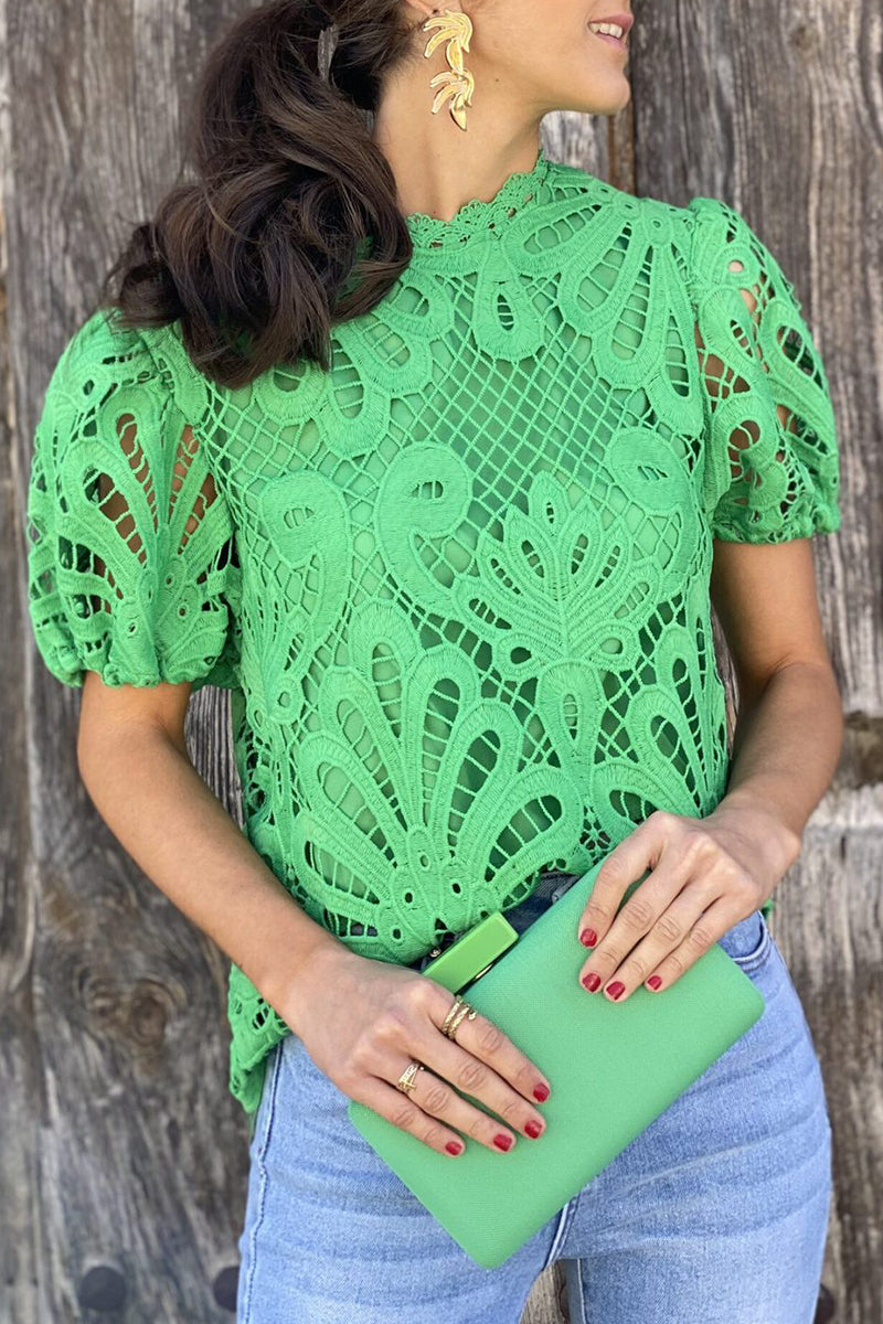 Margherita® | Casual Solid Lace Hollow Out Short Sleeve Blouse