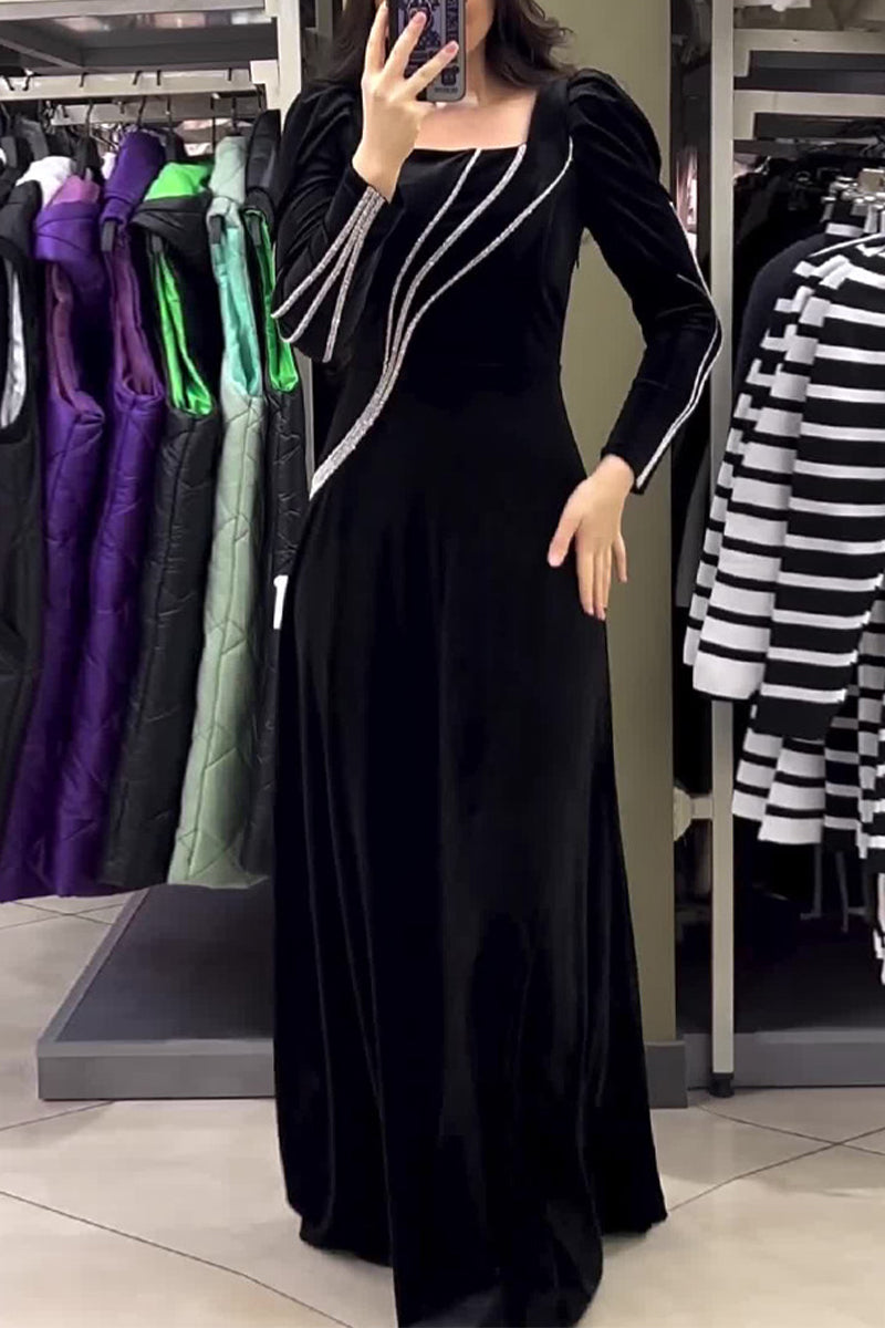 Alejandra | Elegant solid patchwork princess dress with square collar and hot drill