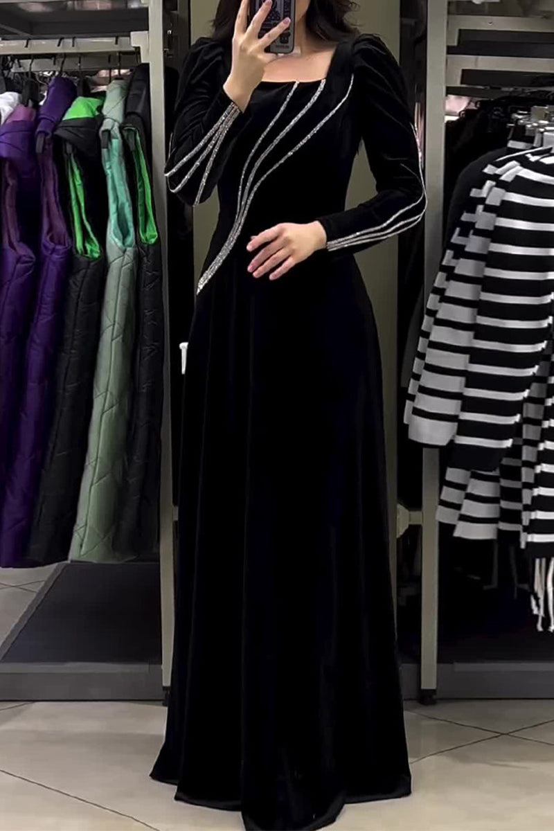 Alejandra | Elegant solid patchwork princess dress with square collar and hot drill