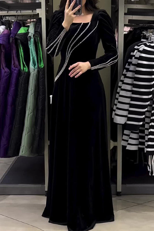 Alejandra | Elegant solid patchwork princess dress with square collar and hot drill