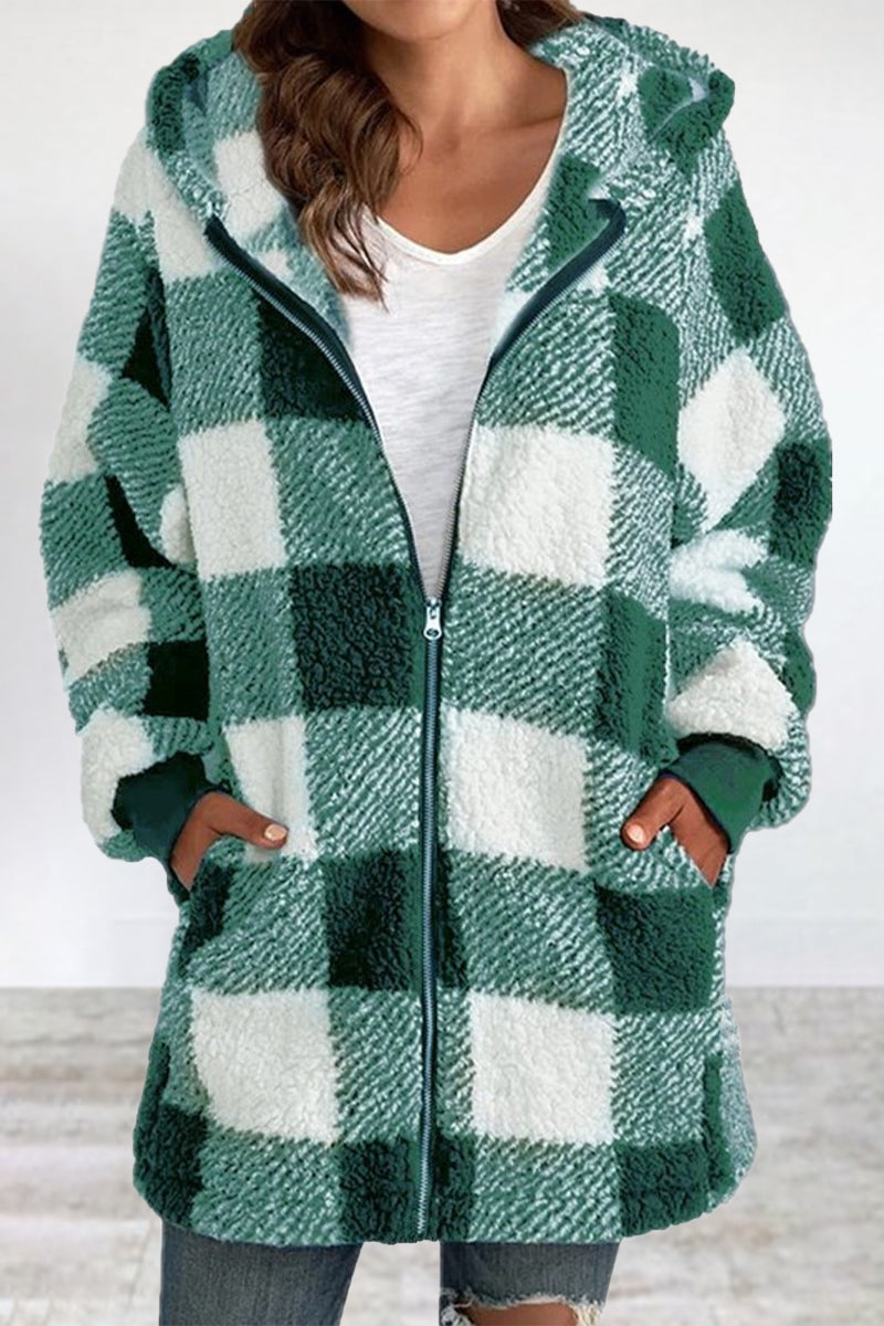 Amalia | Casual outerwear with checked frenulum contrast zipper and hooded collar