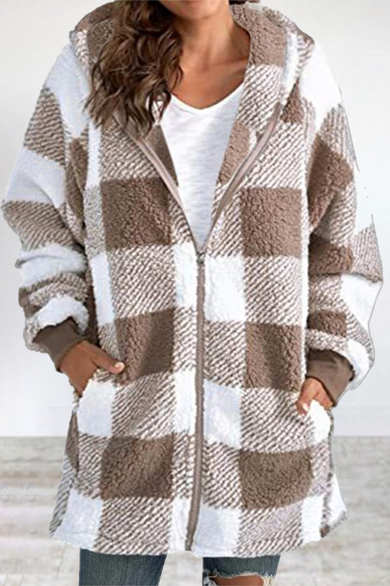Amalia | Casual outerwear with checked frenulum contrast zipper and hooded collar