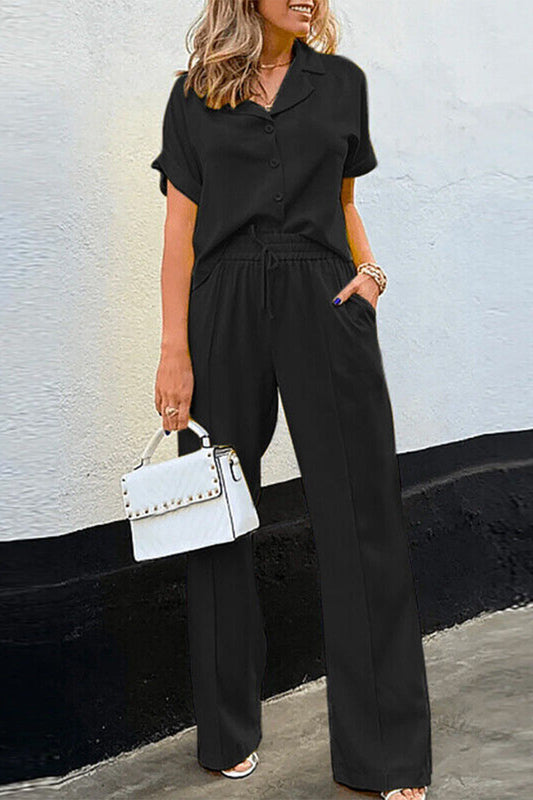 Laura® | Elegant Casual Button-Down Short-Sleeved Polo Shirt And Trousers Set