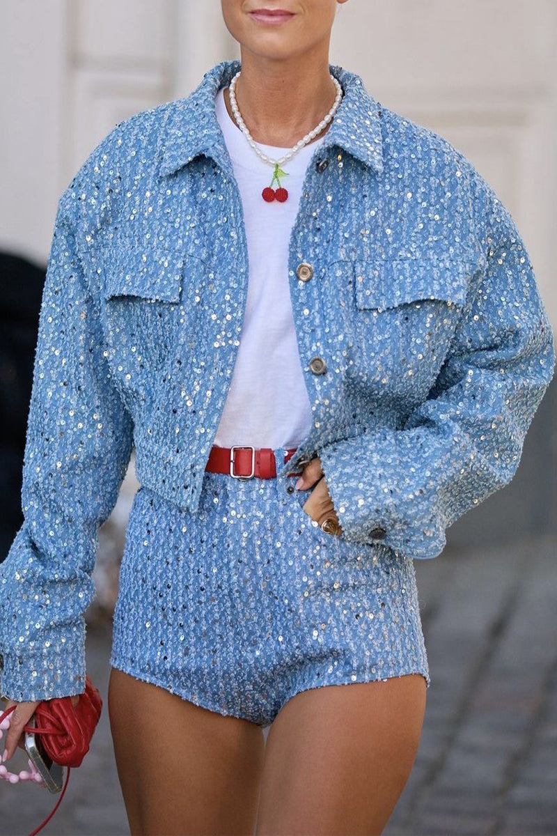 Andrea | Casual street solid sequins sequins turn-down collar long sleeve two-piece suit
