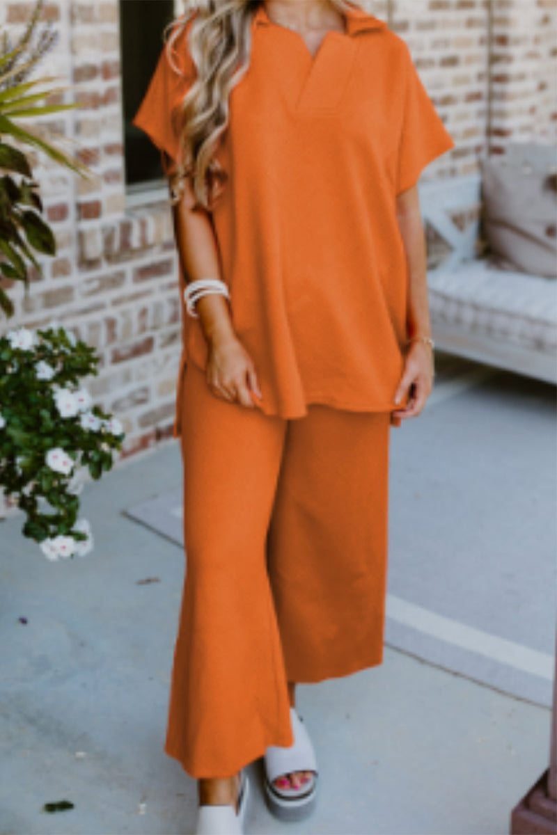 Anemone | Casual simplicity, solid patchwork pocket, V-neck, short sleeves, two-piece