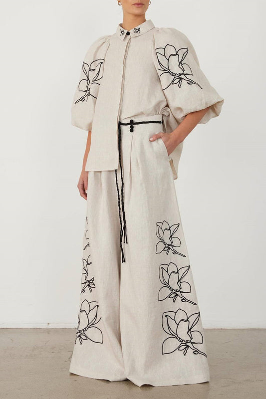 Angela | Casual vintage print, floral, pocket, frenulum, turn-down collar, half sleeve, two piece
