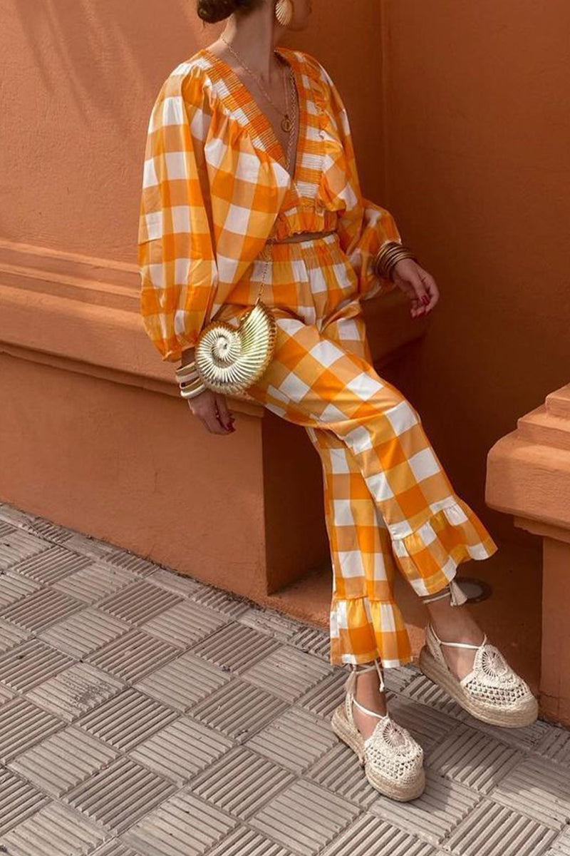 Angelika | Casual cute plaid contrast long sleeve V-neck two piece suit