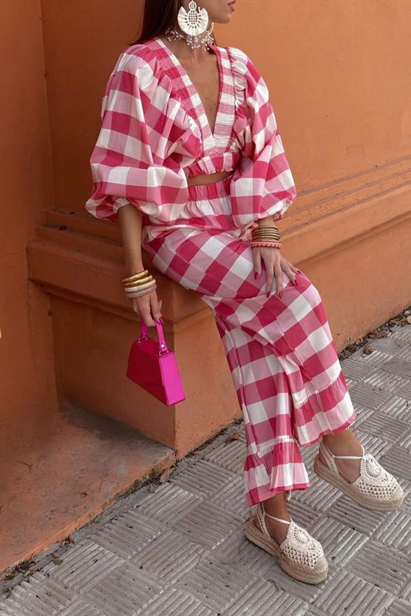 Angelika | Casual cute plaid contrast long sleeve V-neck two piece suit