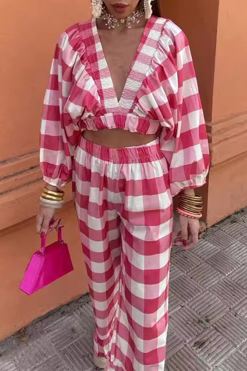 Angelika | Casual cute plaid contrast long sleeve V-neck two piece suit