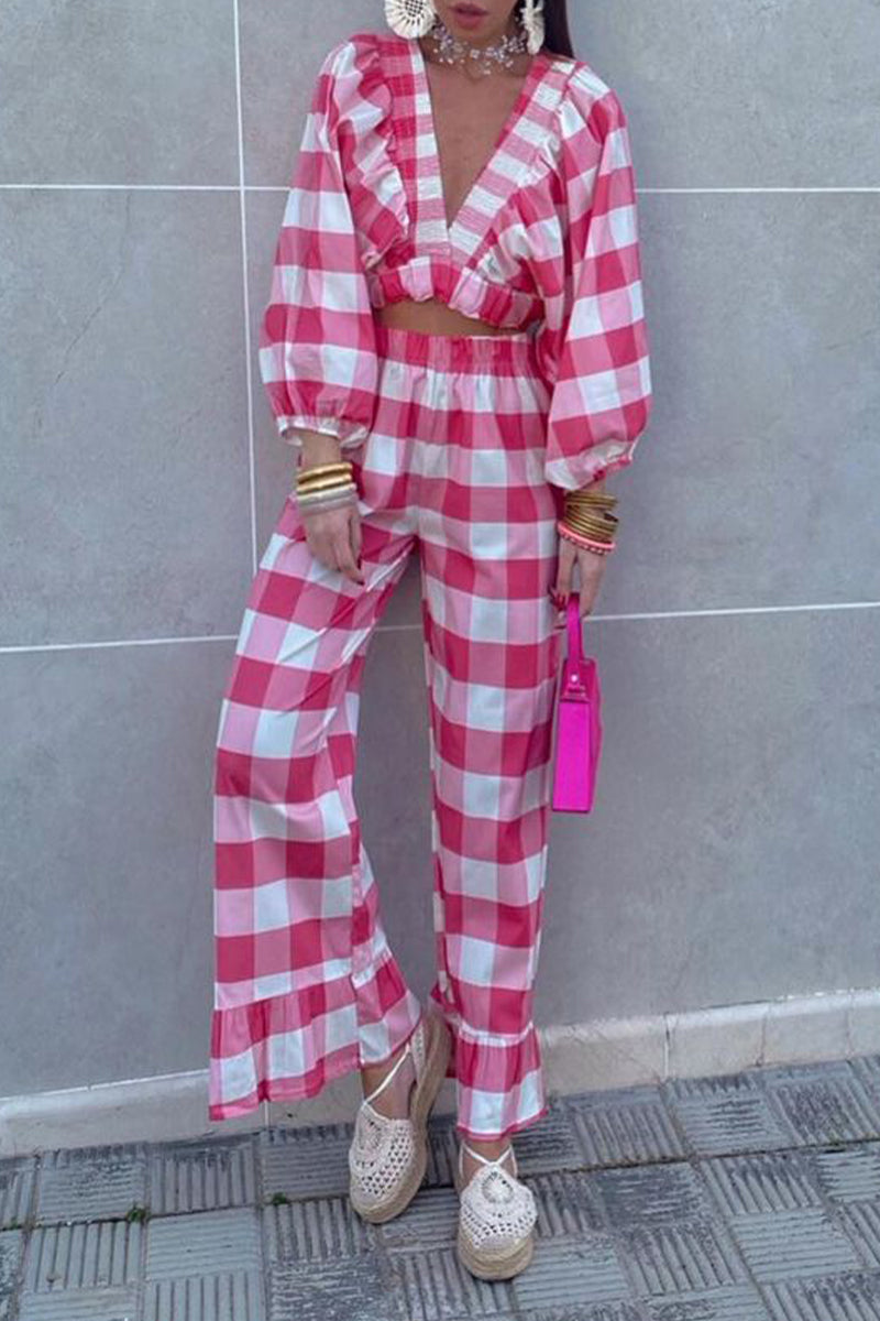 Angelika | Casual cute plaid contrast long sleeve V-neck two piece suit