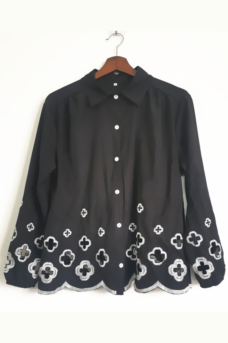 Ann | Casual solid hook flower, hollow out turn-down collar, long sleeves, two-piece