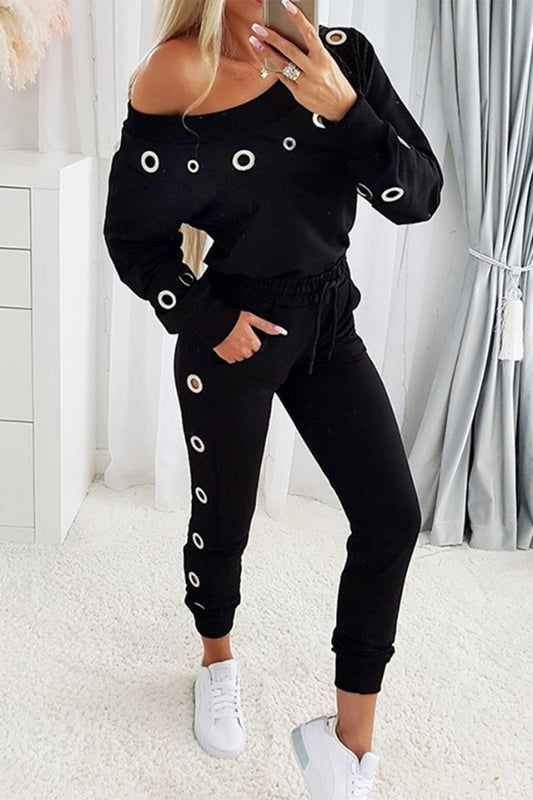 Anita | Casual solid bag, metal accessories, decoration, slanted collar, long sleeves, two-piece