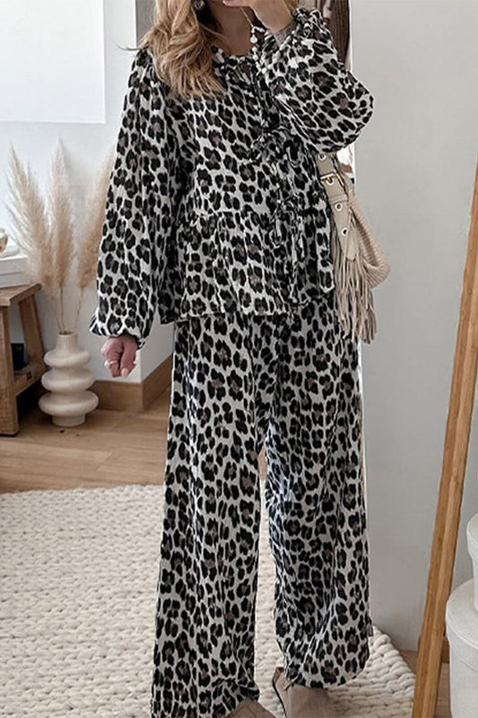 Annelise | Casual daily leopard print lace up ruffle O-neck long sleeve two piece suit