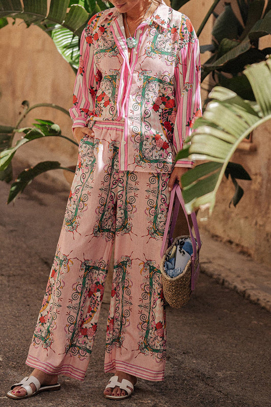 Annelies | Casual street floral print pocket turn-down collar long sleeve two-piece suit