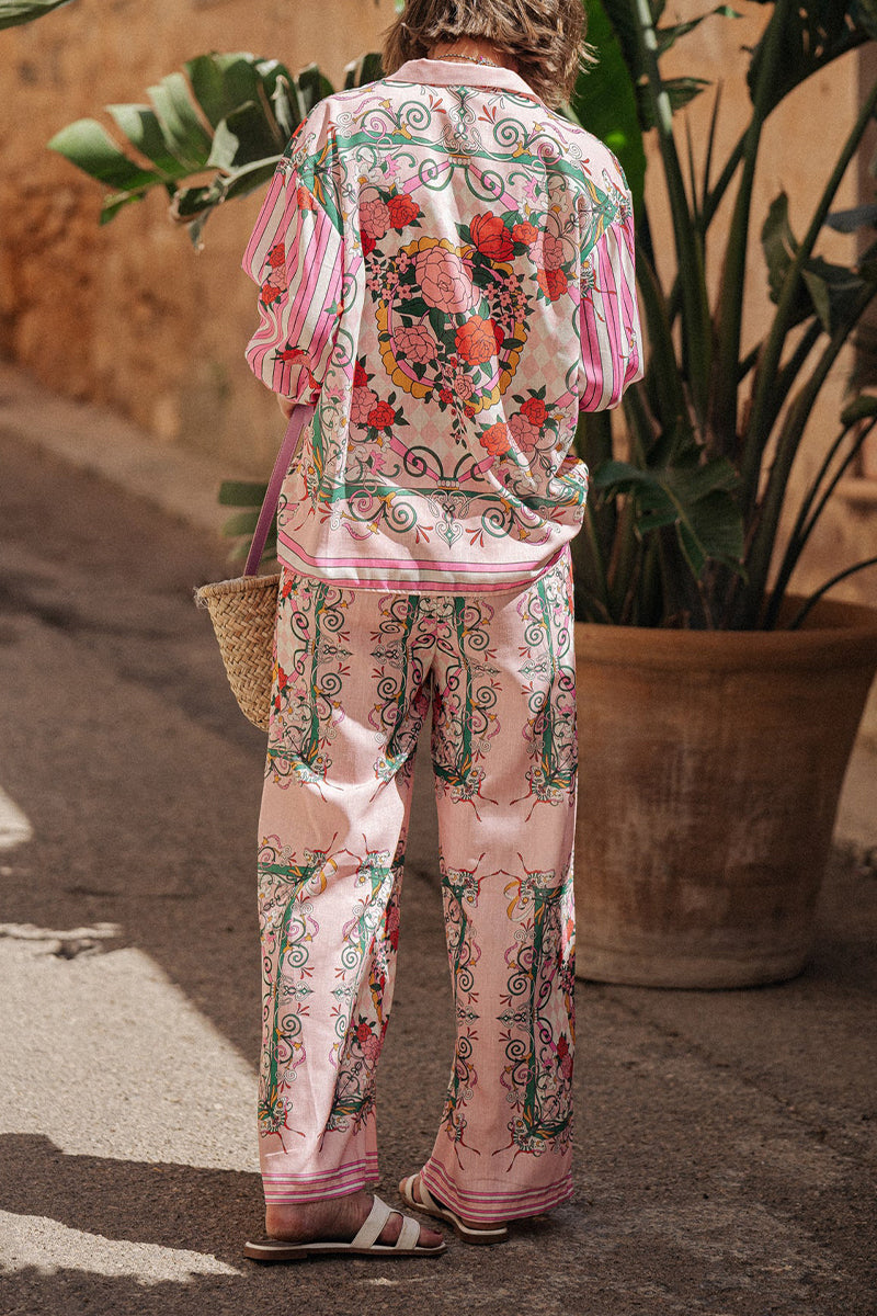 Annelies | Casual street floral print pocket turn-down collar long sleeve two-piece suit