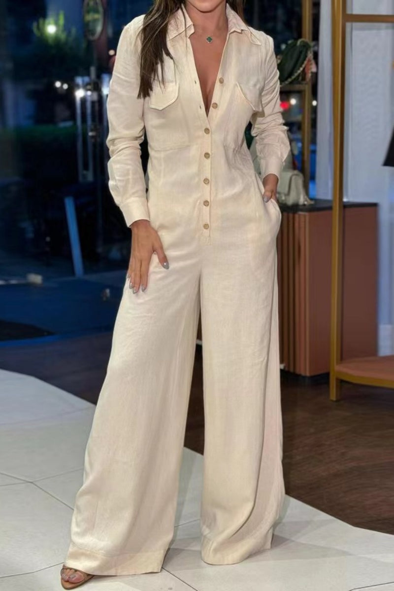 Annemarie | Casual solid color regular jumpsuits with turn-down collar and pockets