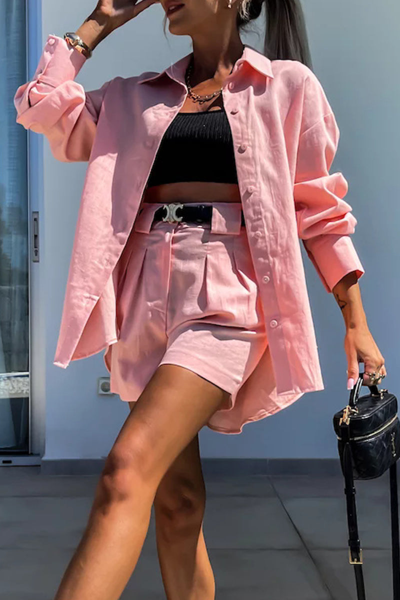 Antje | Casual solid color buttons, patchwork turn-down collar, long sleeves, two piece