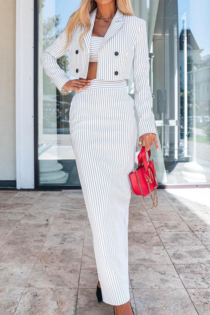 Bea | Street elegant stripe print, buttons, slit, contrast, reversible collar, long sleeves, two piece