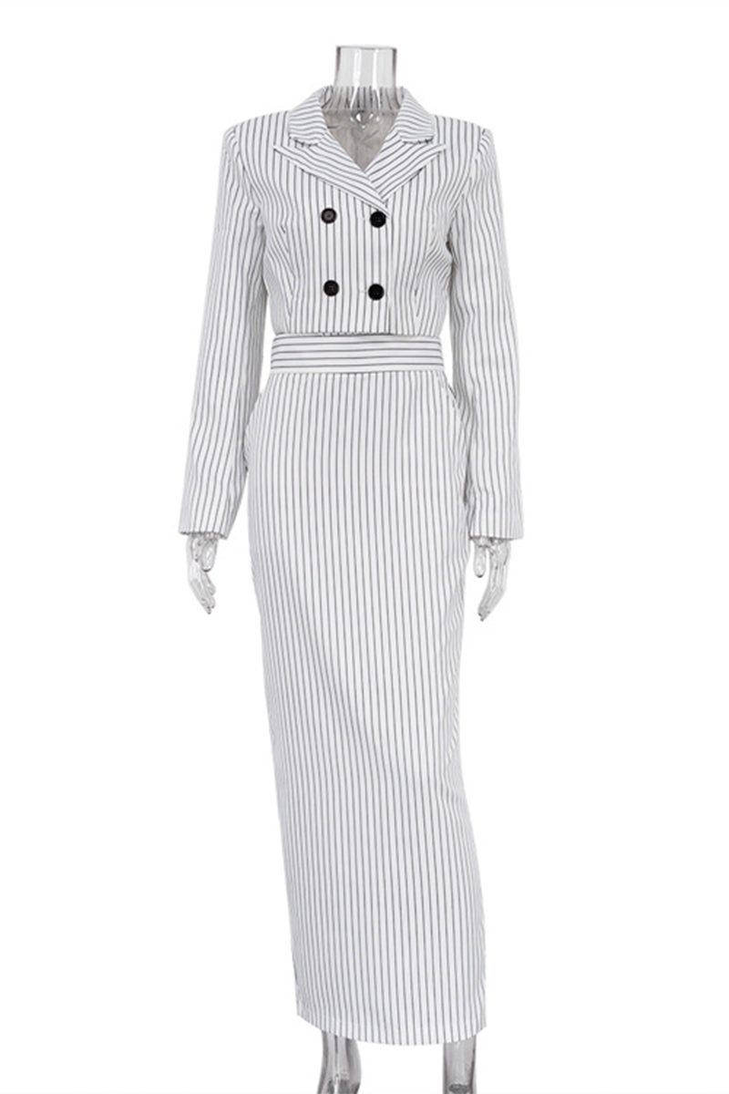 Bea | Street elegant stripe print, buttons, slit, contrast, reversible collar, long sleeves, two piece