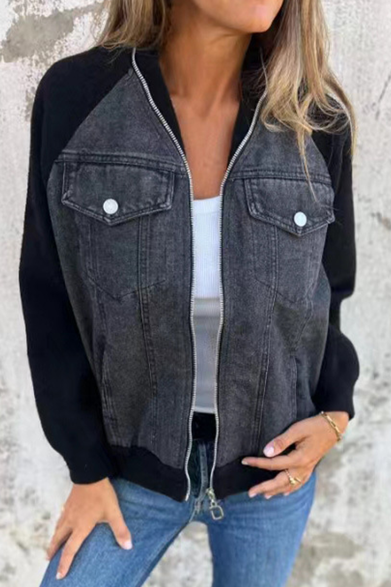 Begoña | Casual outerwear with a solid color patchwork zipper and contrast turn-down collar