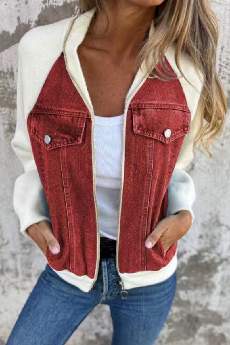 Begoña | Casual outerwear with a solid color patchwork zipper and contrast turn-down collar