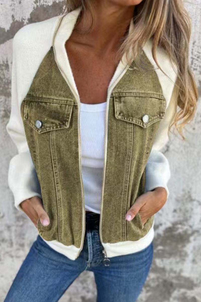 Begoña | Casual outerwear with a solid color patchwork zipper and contrast turn-down collar