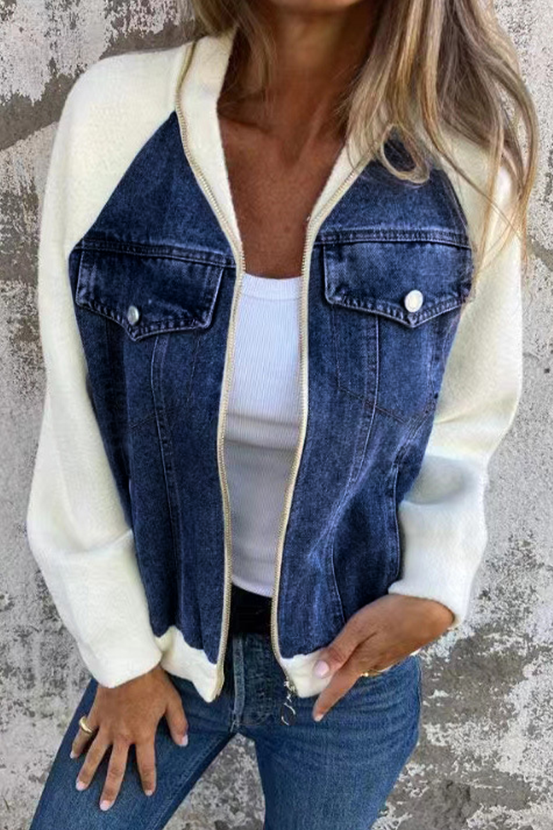 Begoña | Casual outerwear with a solid color patchwork zipper and contrast turn-down collar