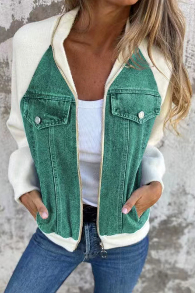 Begoña | Casual outerwear with a solid color patchwork zipper and contrast turn-down collar