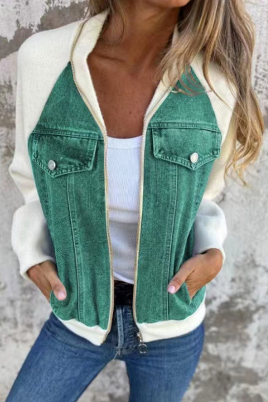 Begoña | Casual outerwear with a solid color patchwork zipper and contrast turn-down collar
