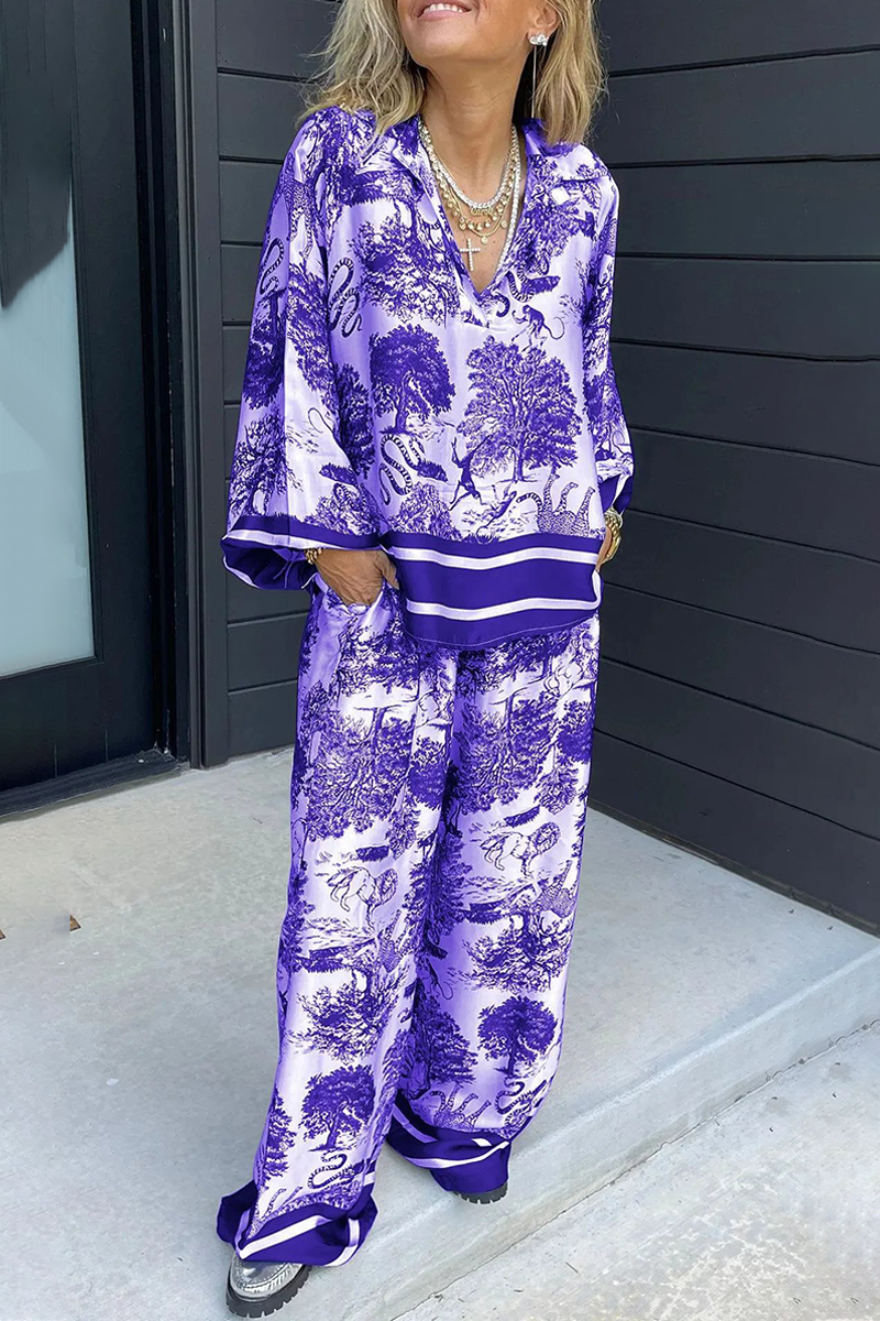 Beatriz | Casual street floral print, distressed drawstring pocket, V-neck, long sleeves, two-piece