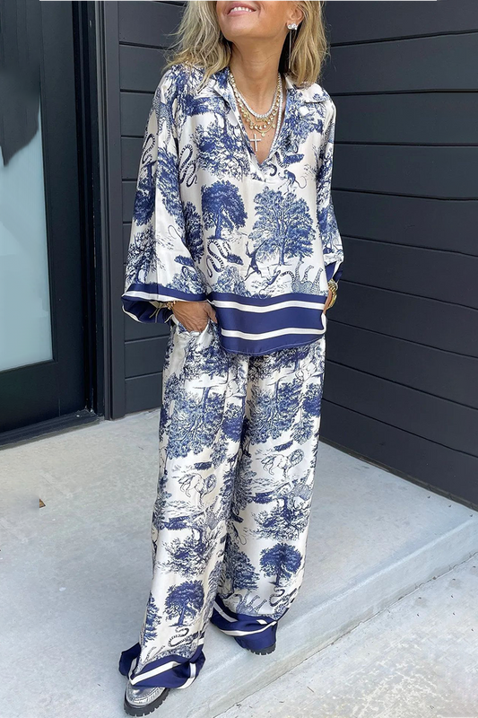 Beatriz | Casual street floral print, distressed drawstring pocket, V-neck, long sleeves, two-piece