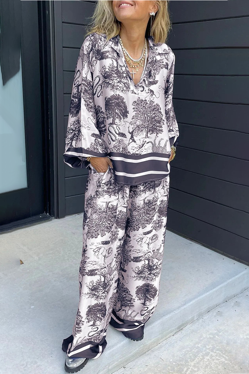 Beatriz | Casual street floral print, distressed drawstring pocket, V-neck, long sleeves, two-piece
