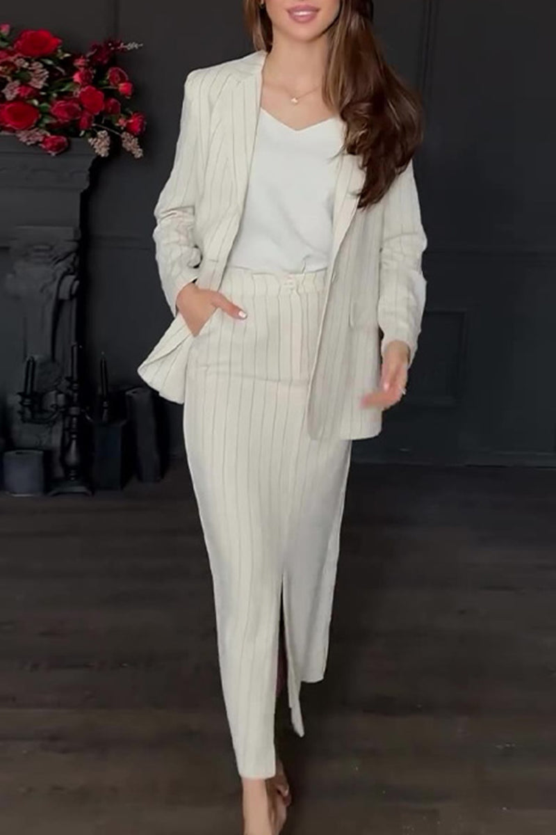 Bieke | Elegant striped print, buttons, slit, turn-down collar, long sleeves, two piece suit