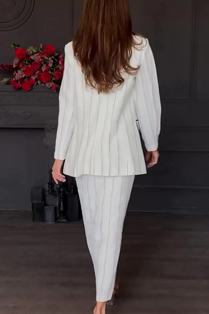 Bieke | Elegant striped print, buttons, slit, turn-down collar, long sleeves, two piece suit