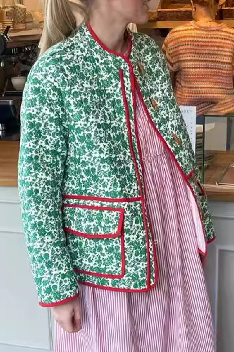 Birgit | Casual floral print outerwear with pocket patchwork contrast O-neck
