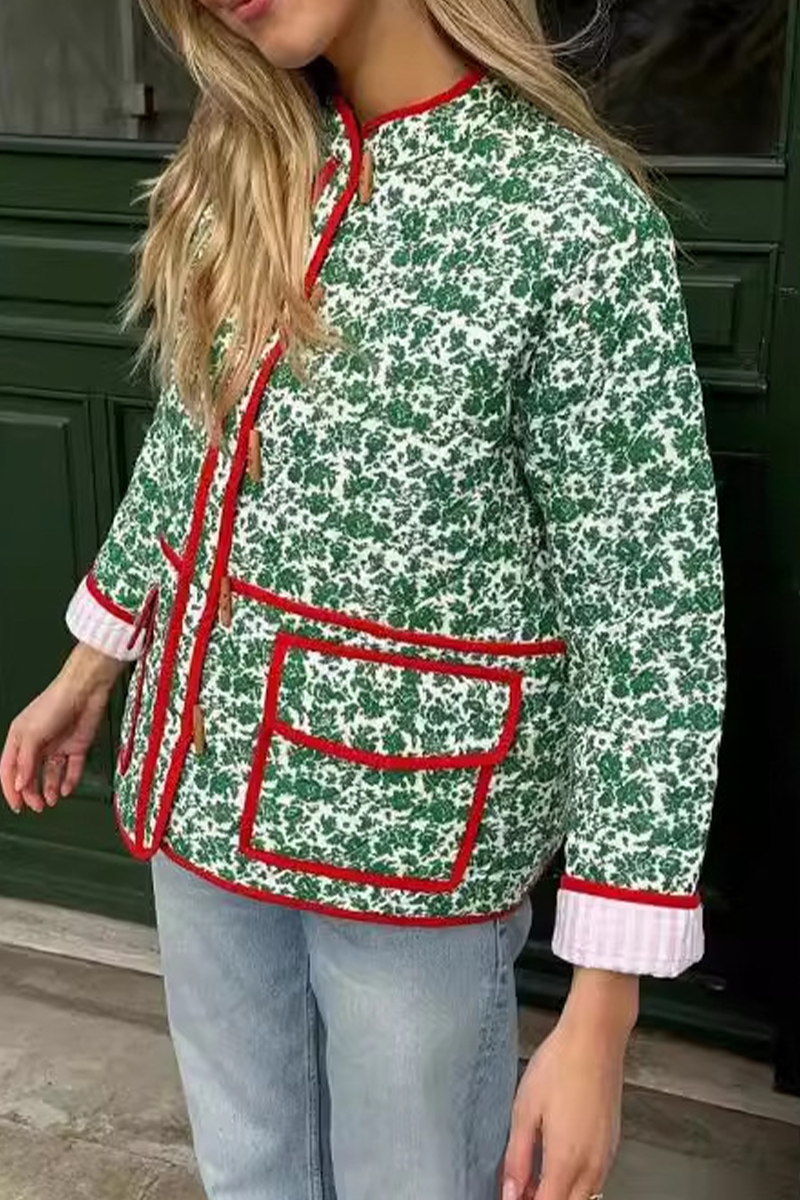 Birgit | Casual floral print outerwear with pocket patchwork contrast O-neck