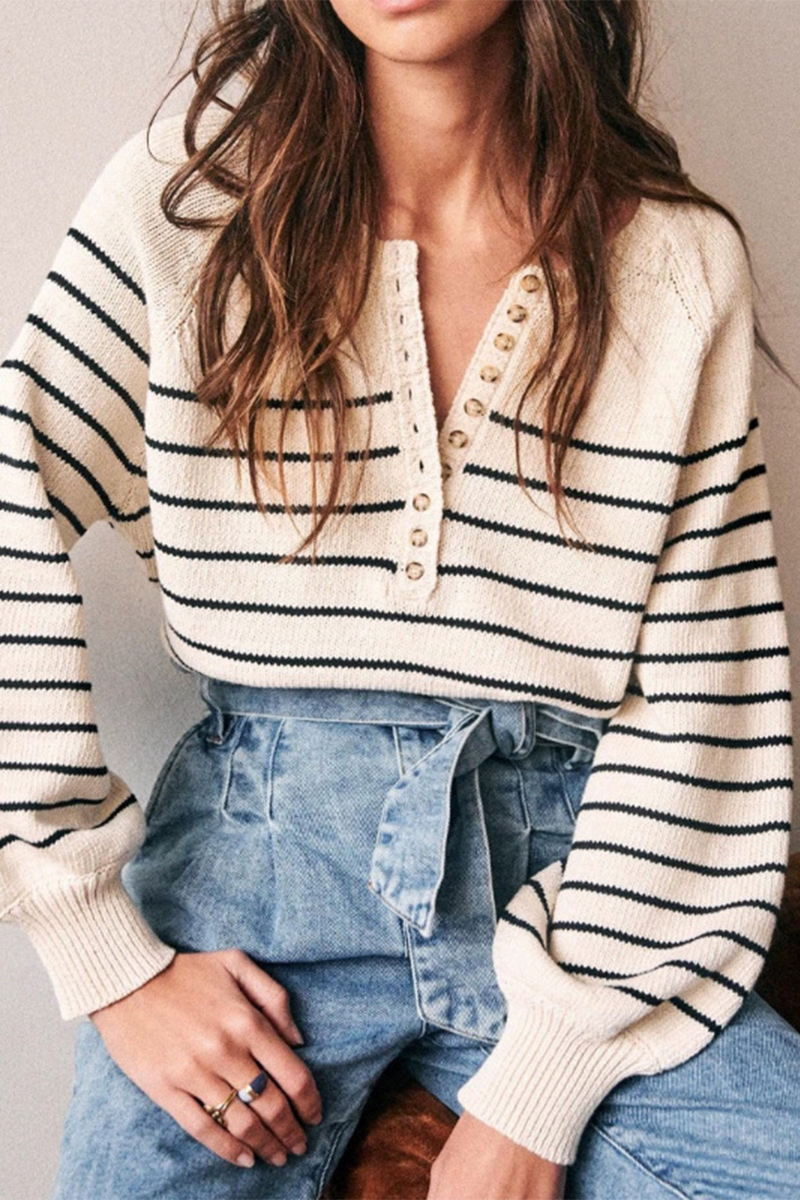 Blanca | Casual striped buckle woven contrast O-neck sweaters