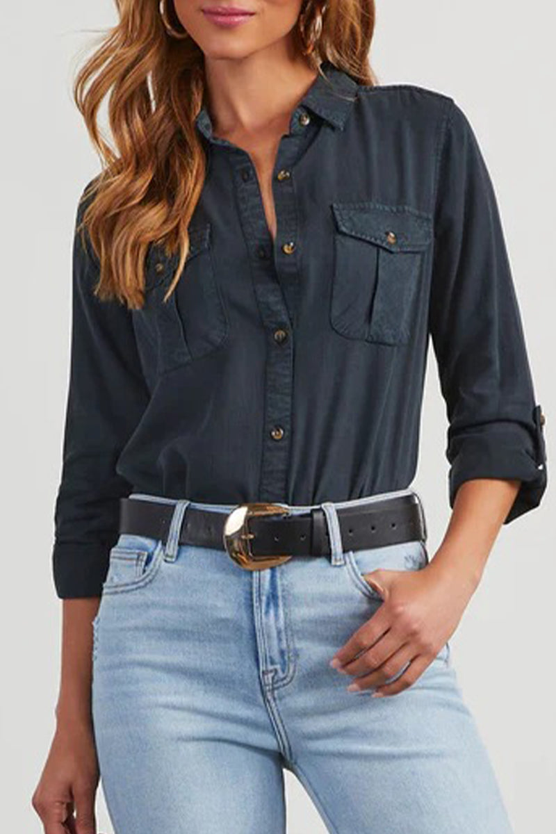 Bregje | Casual, plain blouses with pocket buttons and turn-down collar for everyday wear