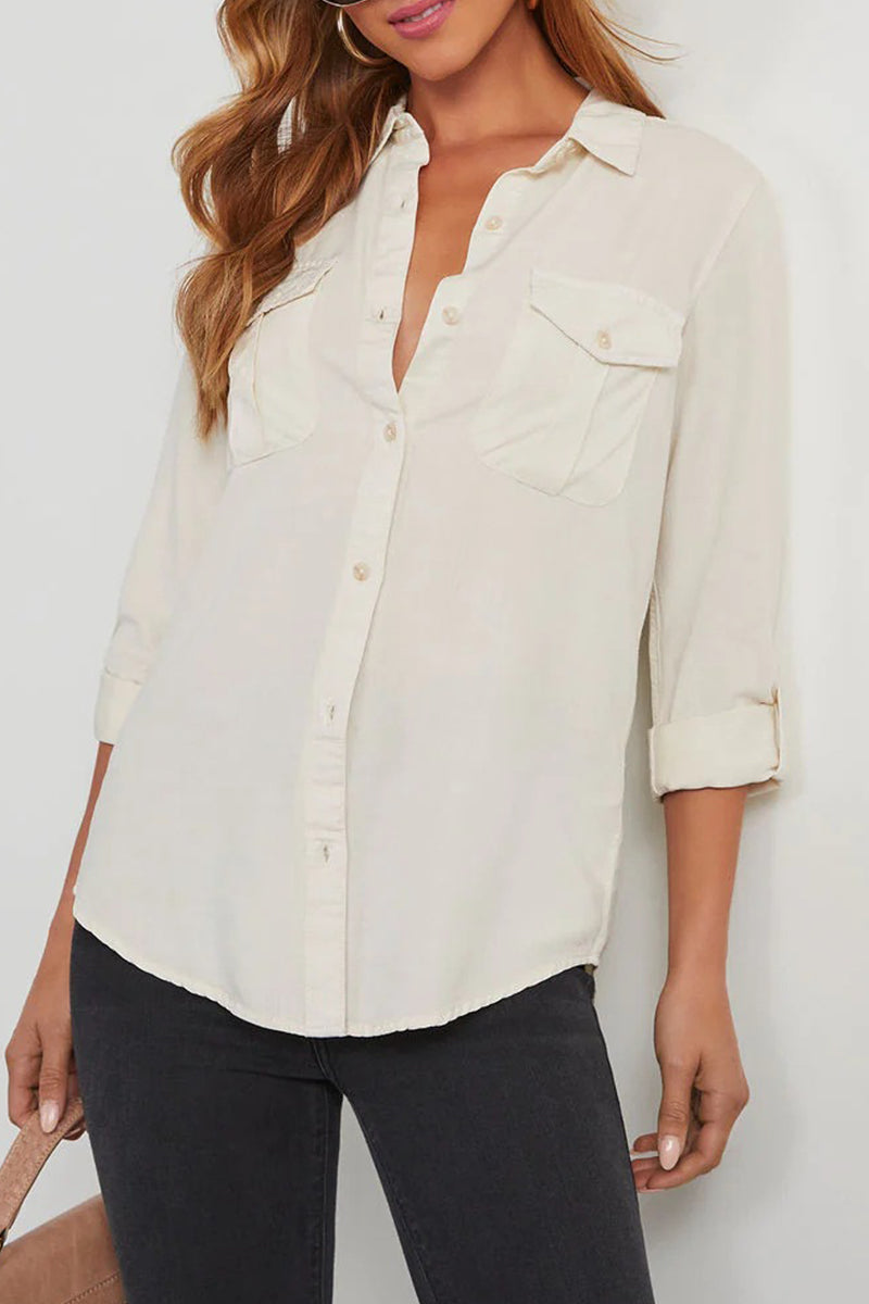 Bregje | Casual, plain blouses with pocket buttons and turn-down collar for everyday wear